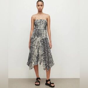 All Saints Phillipa Noche Animal Print Pleated Midi Dress Black Cream Size 8